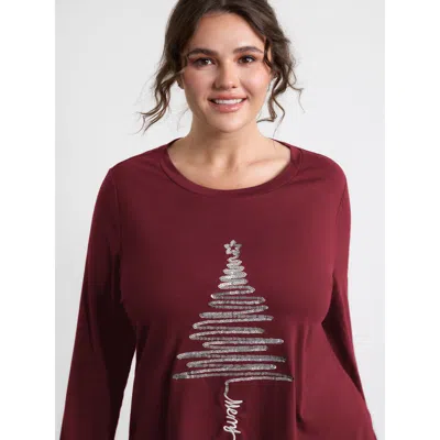 Bloomchic Women's Plus Size Sequin Cord Embroidered Tree Round Neck T-shirt Burgundy Solid Casual Long Sleeve 