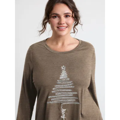 Bloomchic Women's Plus Size Sequin Cord Embroidered Tree Round Neck T-shirt Darkbrown Solid Casual Long Sleeve In Brown