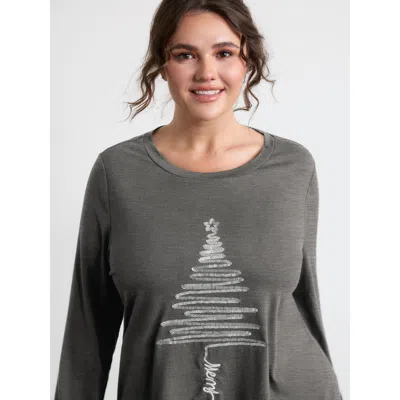 Bloomchic Women's Plus Size Sequin Cord Embroidered Tree Round Neck T-shirt Darkgray Solid Casual Long Sleeve  In Gray
