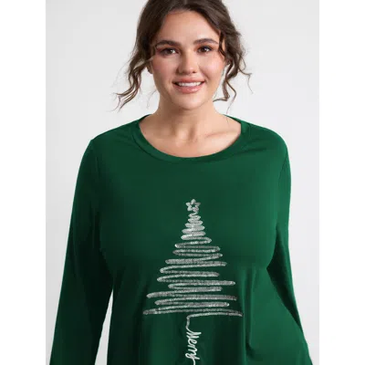 Bloomchic Women's Plus Size Sequin Cord Embroidered Tree Round Neck T-shirt Darkgreen Solid Casual Long Sleeve In Green
