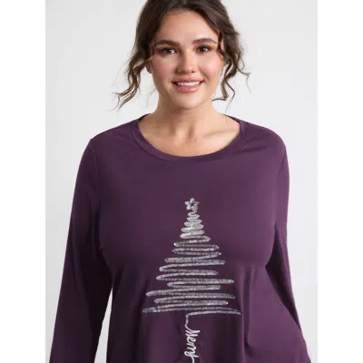 Bloomchic Women's Plus Size Sequin Cord Embroidered Tree Round Neck T-shirt Eggplant Solid Casual Long Sleeve  In Purple