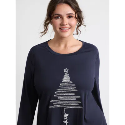 Bloomchic Women's Plus Size Sequin Cord Embroidered Tree Round Neck T-shirt Indigo Solid Casual Long Sleeve Ro In Purple