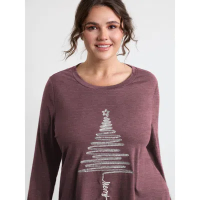 Bloomchic Women's Plus Size Sequin Cord Embroidered Tree Round Neck T-shirt Plum Solid Casual Long Sleeve Roun In Purple