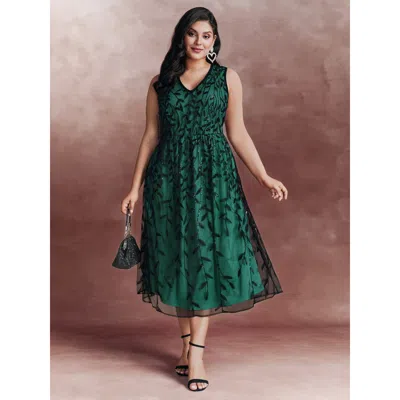Bloomchic Women's Plus Size Sequin Embroidery Color Contrast V-neck Midi Dress Darkgreen Non Midi Party Colorb In Green
