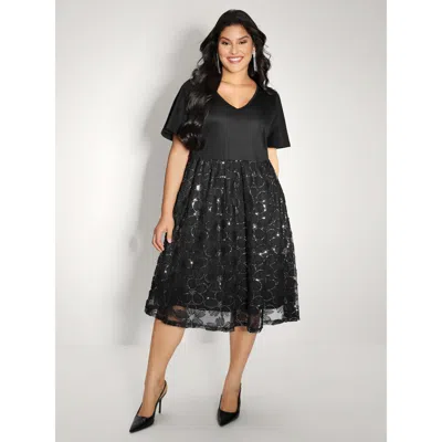 Bloomchic Women's Plus Size Sequin Embroidery Ruffled Sleeve Midi Dress Black Non Midi Party Embroidered 14-16