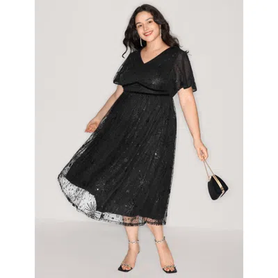 Bloomchic Women's Plus Size Sequin Embroidery Triangular Waist Maxi Dress Black Non Midi Party Ruffles 10/m