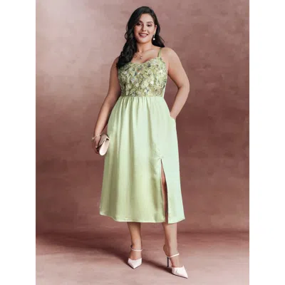 Bloomchic Women's Plus Size Sequin Floral Embroidered Satin Slit Hem Midi Dress Lightgreen Non Midi Party Embr