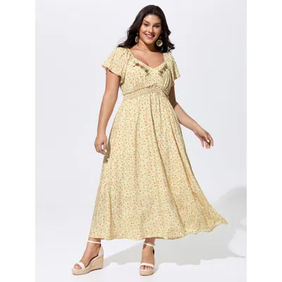 Bloomchic Women's Plus Size Sequin Floral Embroidered Sweetheart Neckline Maxi Dress Lightyellow Ethnic Floral