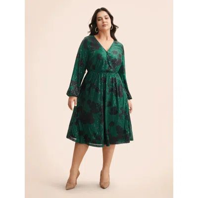 Bloomchic Women's Plus Size Sequin Floral Lantern Sleeve Midi Dress Truegreen Party Midi Texture 10/m