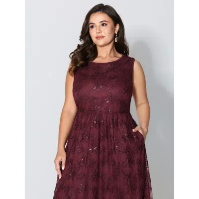 Bloomchic Women's Plus Size Sequin Floral Mesh Pockets Midi Dress Burgundy Solid Midi Party Non 10/m