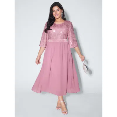 Bloomchic Women's Plus Size Sequin Floral Tulle Shirred Waist Midi Dress Dustypink Party Midi Colorblock Round In Pink