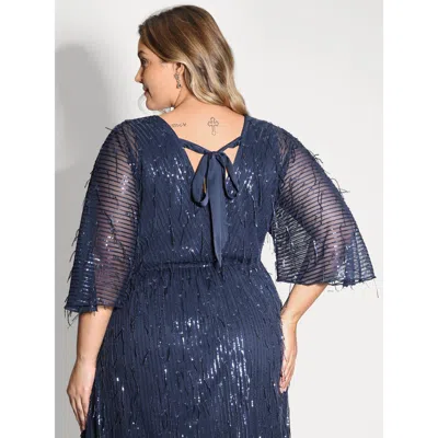 Bloomchic Women's Plus Size Sequin Lace High Slit Backless Maxi Dress Darkblue Synthetic Texture Midi Party 22 In Blue