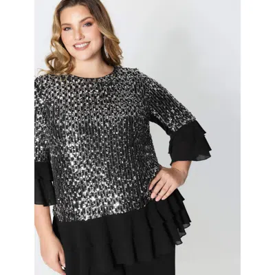 Bloomchic Women's Plus Size Sequin Layered Ruffled Sleeve Blouse Black Non Party 3/4 Sleeve 12/l