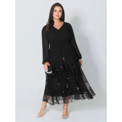 Bloomchic Women's Plus Size Sequin Mesh Asymmetrical Hem Maxi Dress Black Synthetic Texture Midi Party 30/6x