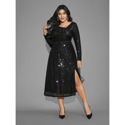 Bloomchic Women's Plus Size Sequin Mesh Asymmetrical Neck Midi Dress Black Party Midi Texture 12/l