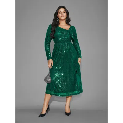Bloomchic Women's Plus Size Sequin Mesh Asymmetrical Neck Midi Dress Darkgreen Party Midi Texture 12/l In Green