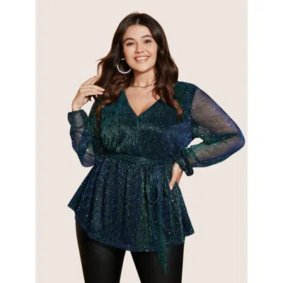 Bloomchic Women's Plus Size Sequin Mesh Lantern Sleeve Wrap Belted Striped Blouse Darkgreen Marled / Heathered In Green