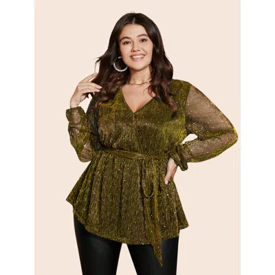 Bloomchic Women's Plus Size Sequin Mesh Lantern Sleeve Wrap Belted Striped Blouse Gold Marled / Heathered Part