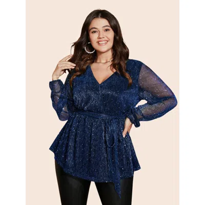 Bloomchic Women's Plus Size Sequin Mesh Lantern Sleeve Wrap Belted Striped Blouse Indigo Marled / Heathered Pa In Purple