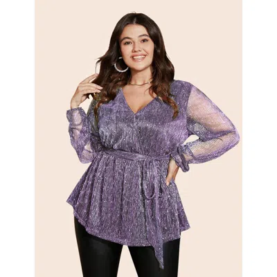 Bloomchic Women's Plus Size Sequin Mesh Lantern Sleeve Wrap Belted Striped Blouse Lilac Marled / Heathered Par In Purple