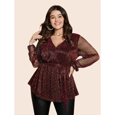 Bloomchic Women's Plus Size Sequin Mesh Lantern Sleeve Wrap Belted Striped Blouse Scarlet Marled / Heathered P In Red