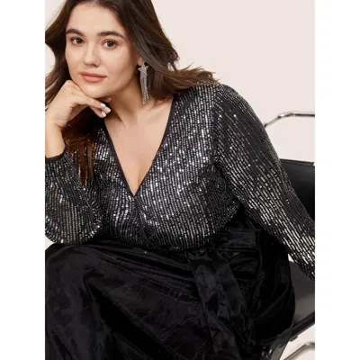 Bloomchic Women's Plus Size Sequin Mesh Patchwork Wrap Belted Dress Black Party Sequin 12/l