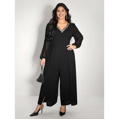 Bloomchic Women's Plus Size Sequin Neckline Petal Flowy Hem Jumpsuit Black Party 30/6x
