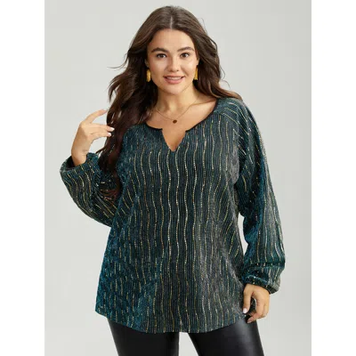 Bloomchic Women's Plus Size Sequin Notched Lantern Sleeve Blouse Cyan Festival-christmas Long Sleeve 10/m In Blue