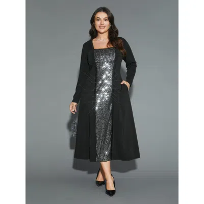 Bloomchic Women's Plus Size Sequin Patchwork Elastic Waist Midi Dress Black Party Midi Patchwork Square Neck 1