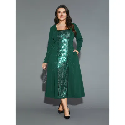 Bloomchic Women's Plus Size Sequin Patchwork Elastic Waist Midi Dress Darkgreen Party Midi Patchwork Square Ne In Green