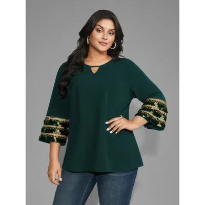 Bloomchic Women's Plus Size Sequin Patchwork Keyhole Bell Sleeve Blouse Darkgreen Non Everyday Three Quarter L In Green