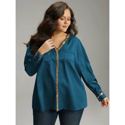 Bloomchic Women's Plus Size Sequin Patchwork V Neck Blouse Aegean Party Long Sleeve 10/m In Blue