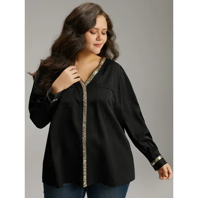 Bloomchic Women's Plus Size Sequin Patchwork V Neck Blouse Black Party Long Sleeve 10/m