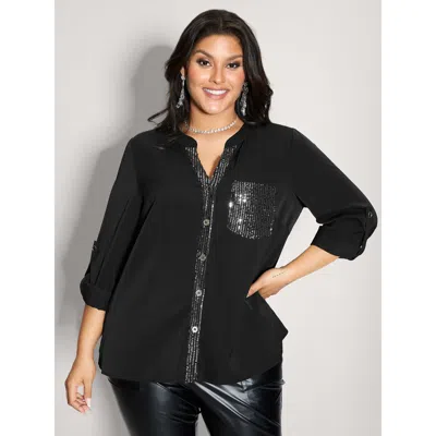 Bloomchic Women's Plus Size Sequin Pocket Spliced Button Shirt Black Party Long Sleeve V-notch Neck 10/m