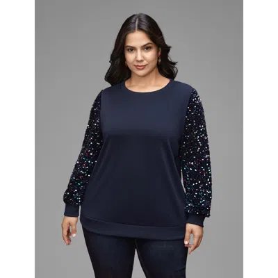 Bloomchic Women's Plus Size Sequin Sleeves Velvet Panel Sweatshirt Indigo Everyday 12/l In Purple