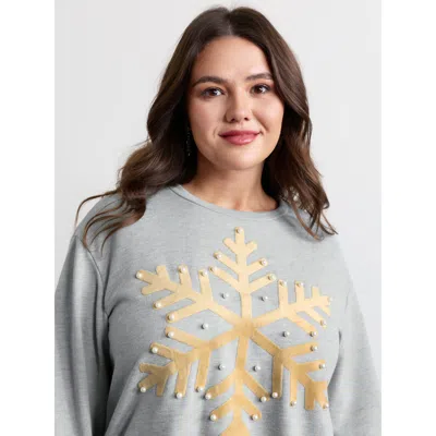 Bloomchic Women's Plus Size Sequin Snowflake Round Neck Sweatshirt Lightgray Casual 12/l In Gray