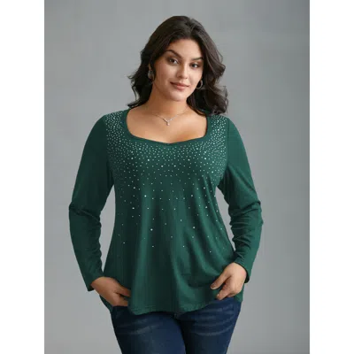 Bloomchic Women's Plus Size Sequin Stretchy Long Sleeve T-shirt Darkgreen Solid Elegant Long Sleeve Sweetheart In Green