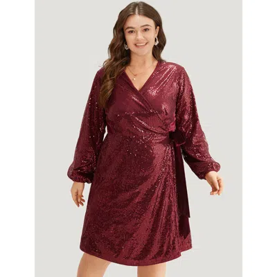Bloomchic Women's Plus Size Sequin Ties Side Surplice Neck Lantern Sleeve Dress Scarlet Party Elastic Cuffs 22 In Red