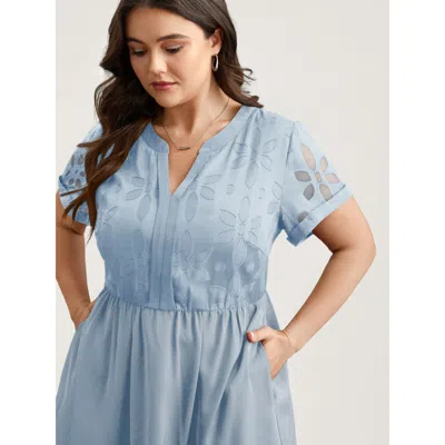 Bloomchic Women's Plus Size Sheer Back Textured Cut-out Midi Dress Lightblue Else Midi Office Mesh Panel 30/6x In Blue