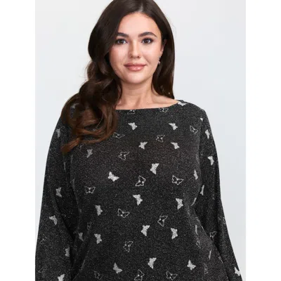 Bloomchic Women's Plus Size Sheer Butterfly Flocked T-shirt Black Animal Motif Elegant Long Sleeve 12/l