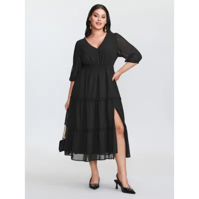 Bloomchic Women's Plus Size Sheer Chiffon Cinched Waist Tiered Maxi Dress Black Non Maxi Elegant See Through 1