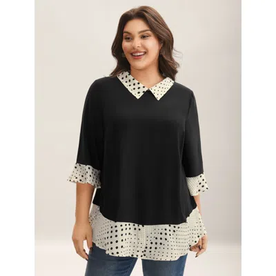Bloomchic Women's Plus Size Sheer Color Contrast Spliced Collar Blouse Black Polka Dots Office 3/4 Sleeve 14-1