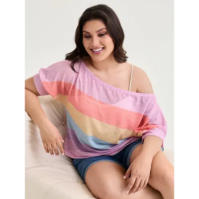 Bloomchic Women's Plus Size Sheer Colorblock One-shoulder T-shirt Multicolor Color Block Casual 3/4 Sleeve One