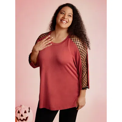 Bloomchic Women's Plus Size Sheer Cut-out Sleeve Relaxed-fit Sweatshirt Orangered Non Casual 3/4 Sleeve 10/m