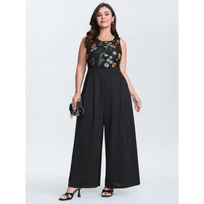 Bloomchic Women's Plus Size Sheer Floral Cinched Waist Contrast Jumpsuit Black Elegant Fitted 12/l