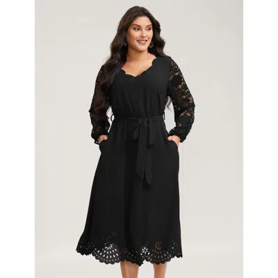 Bloomchic Women's Plus Size Sheer Floral Embroidered Scalloped Neck Midi Dress Black Non Midi Elegant See Thro