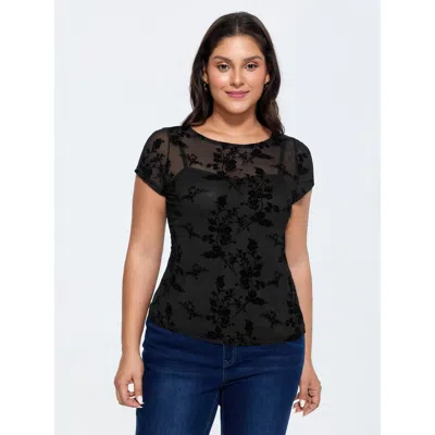 Bloomchic Women's Plus Size Sheer Floral Flocked T-shirt Black Botanical Elegant Short Sleeve Round Neck 10/m