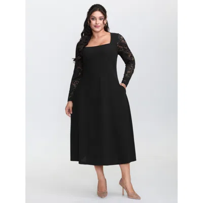 Bloomchic Women's Plus Size Sheer Floral Lace Fitted Midi Dress Black Non Midi Elegant Patchwork 10/m