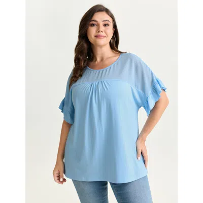 Bloomchic Women's Plus Size Sheer Floral Print Contrast Knit Top Lightblue Short Sleeve Elegant Round Neck 18- In Blue