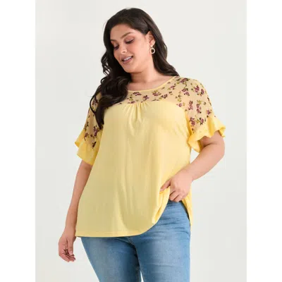 Bloomchic Women's Plus Size Sheer Floral Print Contrast Knit Top Lightyellow Short Sleeve Elegant Round Neck 2
